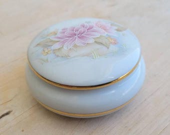 Floral Round Jewelry Box, Vintage white flowers portuguese porcelain trinket container, collectible home decor