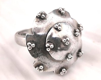 1980s Brutalist Sterling Silver Statement Ring, Abstract Floral Sculptural Design, Size 6.5 US