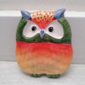 Vintage Glazed Ceramic Owl Ornament: Colorful Hand-Painted Pottery