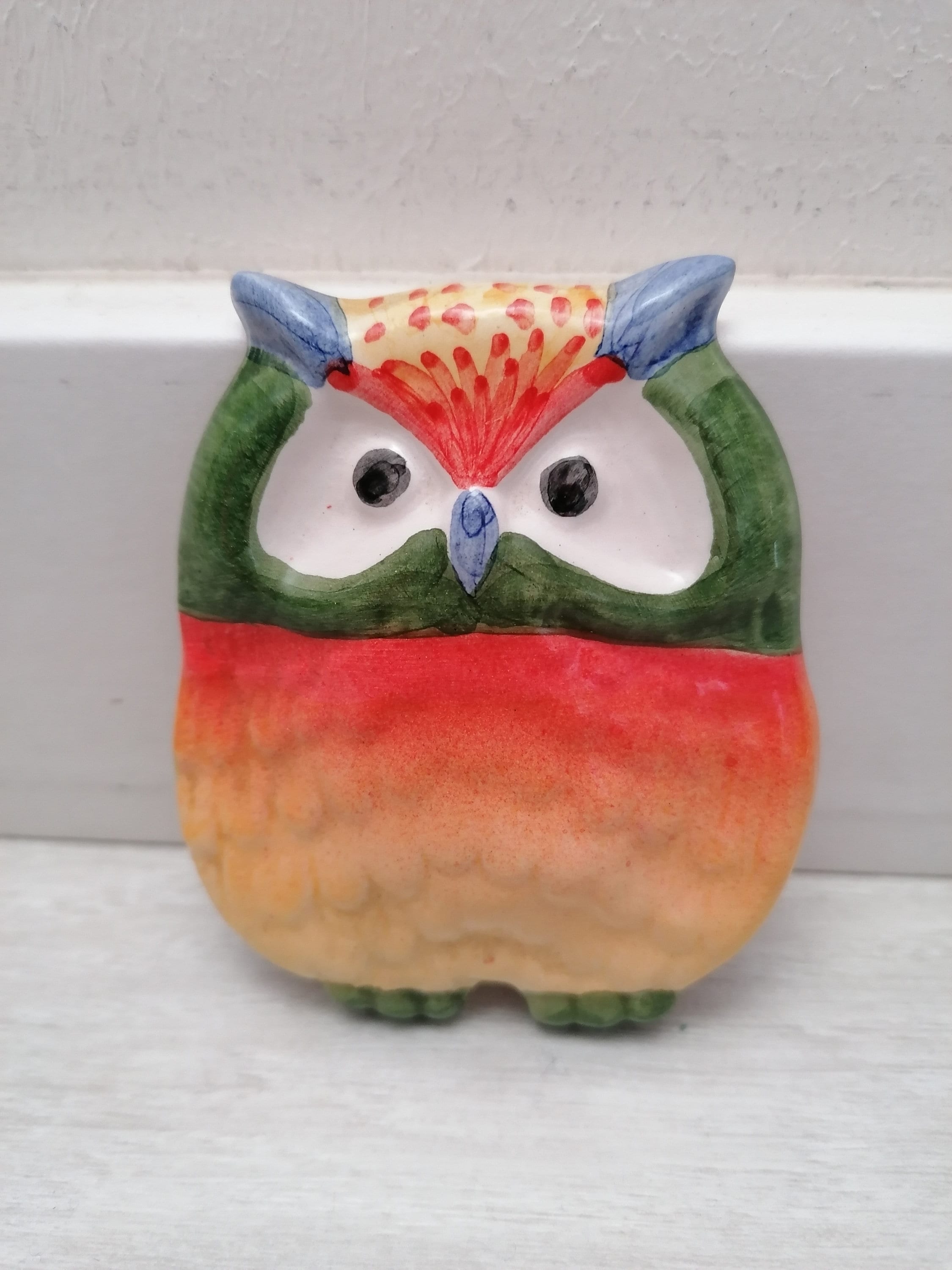 Vintage Glazed Ceramic Owl Ornament: Colorful Hand-Painted Pottery