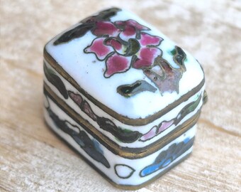 ヴィンテージ ミニ七宝焼小物ボックス: 60年代 ブルー エナメル 花柄