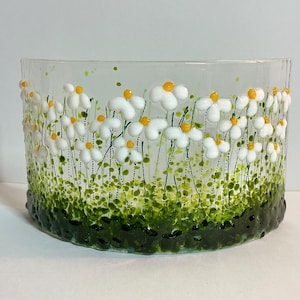 Handcrafted Fused Glass Daisy Meadow Curve: Everlasting Flower Gift