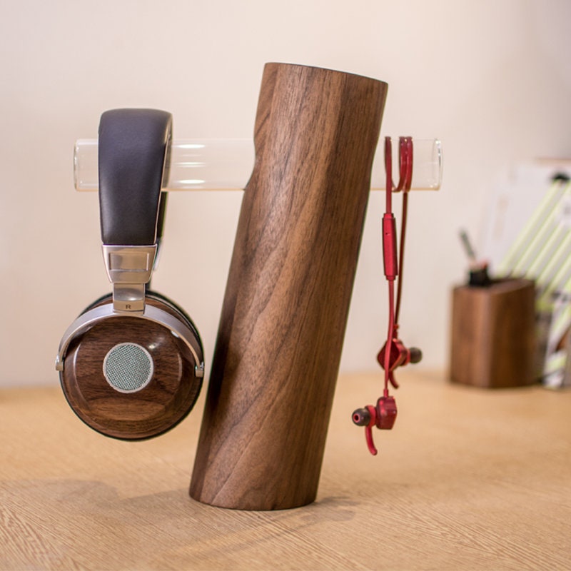 Rustic Wood Headphone Stand, Audiophile Wooden Headphone Stand