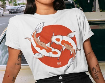 Camisa de pez Koi, Ropa de calle japonesa, Camiseta Yinyang, Estética, Camiseta japonesa, Obra de arte japonesa, Camisa de la suerte, Ropa estética, Caligrafía
