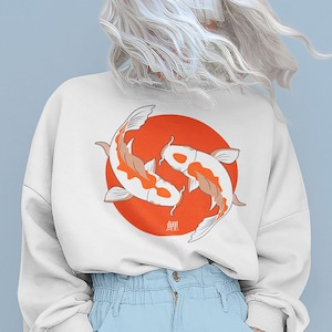 Koi Fish Sweatshirt, Japanese Street Wear, Yinyang, Aesthetic, Japanese Shirt, Japanese Artwork, Luck Shirt, Aesthetic Clothes, Calligraphy