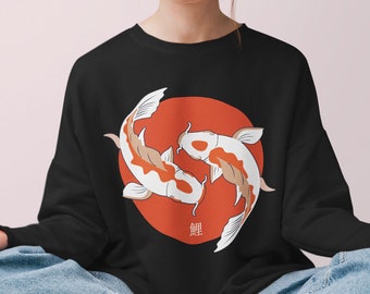 Koi Fish Sweatshirt, Street Wear japonais, Yinyang, Esthétique, Chemise japonaise, Œuvre d’art japonaise, Chemise de chance, Vêtements esthétiques, Calligraphie