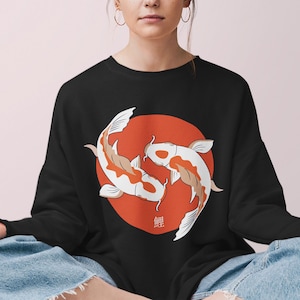 Koi Fish Felpa, Street Wear giapponese, Yinyang, Estetica, Camicia giapponese, Opere d&#39;arte giapponesi, Camicia portafortuna, Abiti estetici, Calligrafia