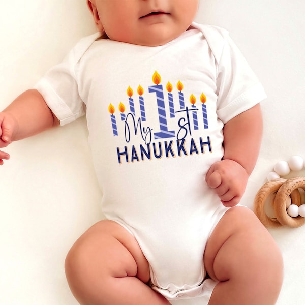 1st Hanukkah Babysuit Personalized First Hanukkah Bodysuit Jewish Holiday Baby Boy Girl Outfit Chanukah Dreidel Menorah Hannukah Baby Suit