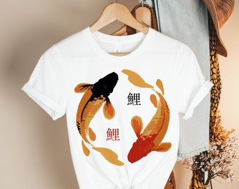 Chemise poissons koi, vêtements de rue japonais, T-shirt yinyang, esthétique, t-shirt japonais, oeuvre d'art japonaise, chemise porte-bonheur, vêtements esthétiques, calligraphie