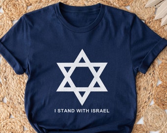 May include: A navy blue t-shirt with a white Star of David and the text "I stand with Israel".