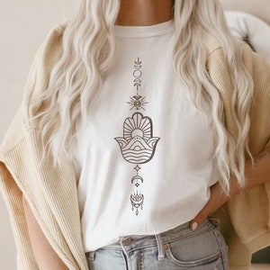 Koszulka z mandalą i dłonią Fatimy Koszulka z henną i dłonią Hamsa Koszulka z kwiatem lotosu w stylu vintage Koszulka z tatuażem Unalome Koszulka do jogi Koszulka do pilatesu Koszulka do medytacji