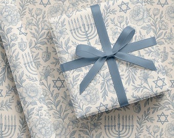 Rollo de papel de regalo de Janucá Toile con motivos florales, papel de regalo con elementos de Janucá, Menorá, Dreidel, Papel de regalo judío azul, Papel de regalo judío חנוכה
