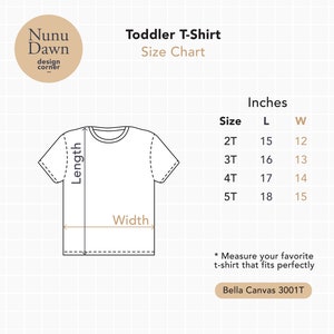 Op de afbeelding: Een maattabel voor T-shirts voor peuters, met de lengte- en breedtemaat in inches voor de maten 2T, 3T, 4T en 5T. De tabel is getiteld "Toddler T-Shirt Size Chart" en bevat de tekst "Bella Canvas 3001T".