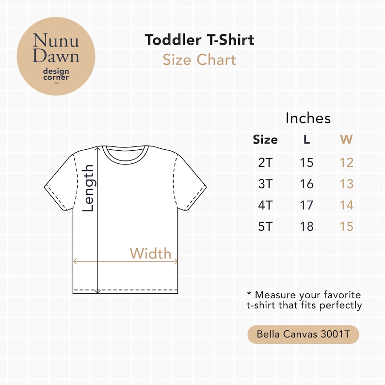 Op de afbeelding: Een maattabel voor T-shirts voor peuters, met de lengte- en breedtemaat in inches voor de maten 2T, 3T, 4T en 5T. De tabel is getiteld "Toddler T-Shirt Size Chart" en bevat de tekst "Bella Canvas 3001T".