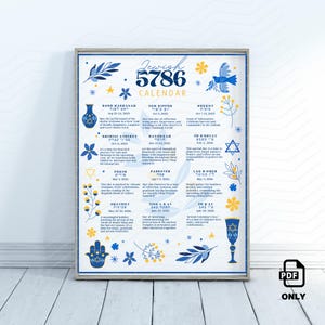 Calendario judío 5786 Póster judío 2025 2026 Rosh Hashaná Año Nuevo Regalo judío Calendario de pared de 12 meses Festividades hebreas Calendario mensual