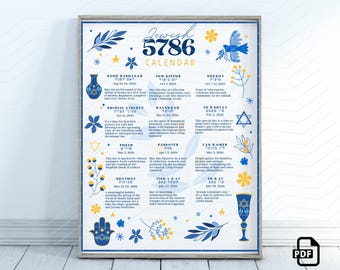 Judisk kalender 5786 Judisk affisch 2025 2026 Rosh Hashanah Nyttår Judisk gåva 12 månaders väggkalender Hebreisk helgdag Månadskalender