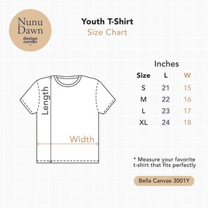 Op de afbeelding: Een maattabel voor jeugd t-shirts, met de lengte- en breedtemaat in inches voor de maten S, M, L en XL. De tabel is getiteld "Youth T-Shirt Size Chart" en bevat de tekst "Bella Canvas 3001Y".