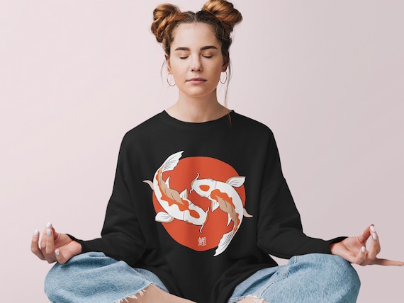 Koi Fish Sweatshirt, Japanese Street Wear, Yinyang, Aesthetic, Japanese Shirt, Japanese Artwork, Luck Shirt, Aesthetic Clothes, Calligraphy
