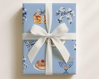 Rollo de papel de regalo Coquette de Janucá, Papel de regalo con elementos de Janucá, Menorá, Dreidel, Papel de regalo judío azul, Papel de regalo judío, חנוכה