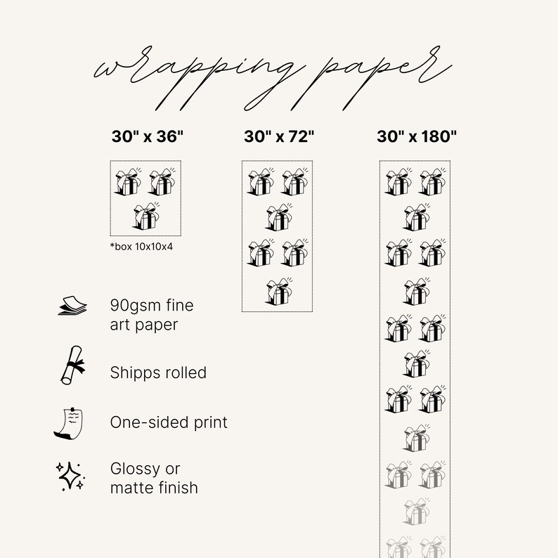 May include: Wrapping paper with a repeating gift box pattern. Available in 30" x 36", 30" x 72", and 30" x 180" sizes. Features include 90gsm fine art paper, one-sided print, and a glossy or matte finish. Ships rolled.