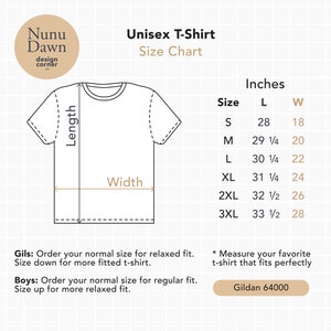 May include: Unisex T-shirt size chart with measurements in inches. The chart shows the length and width of the shirt in different sizes, from S to 3XL. The chart also includes the brand name Gildan 64000.
