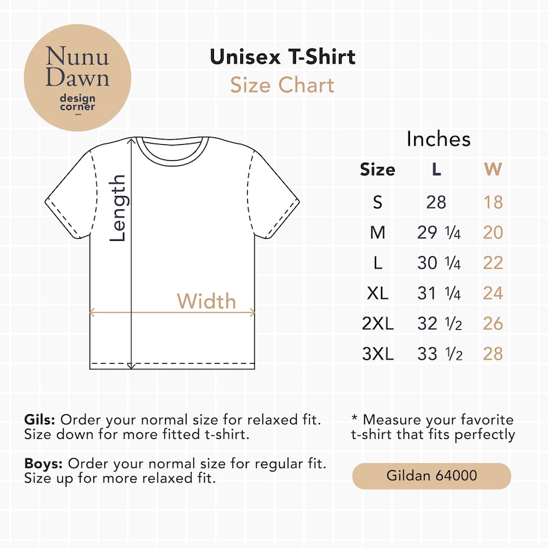 May include: Unisex T-shirt size chart with measurements in inches. The chart shows the length and width of the shirt in different sizes, from S to 3XL. The chart also includes the brand name Gildan 64000.