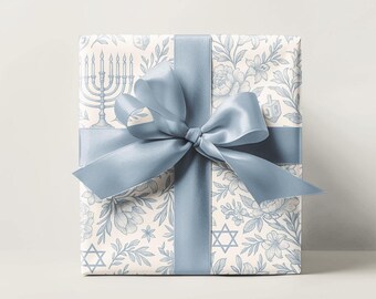 Rollo de papel de regalo de Janucá Toile con motivos florales, papel de regalo con elementos de Janucá, Menorá, Dreidel, Papel de regalo judío azul, Papel de regalo judío חנוכה