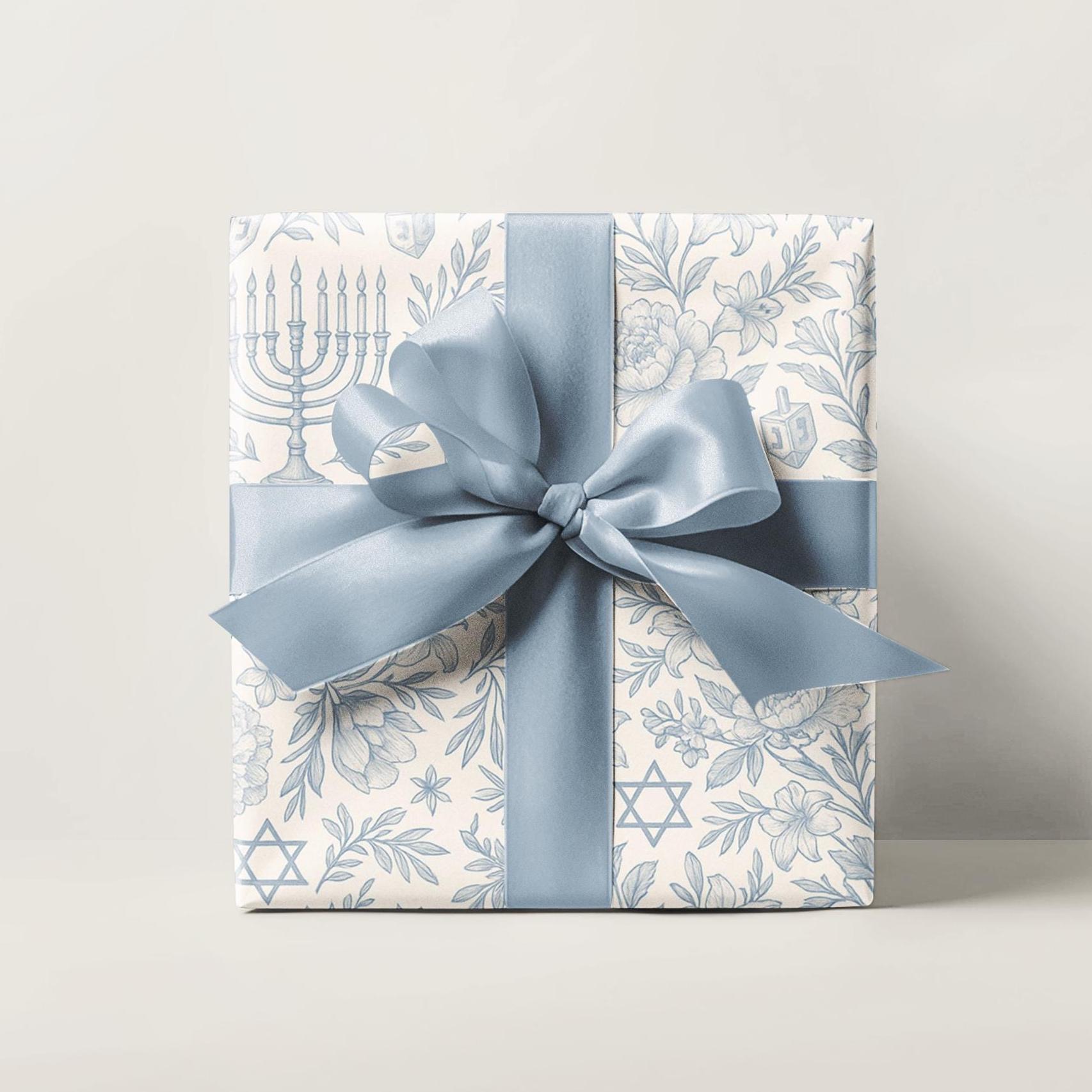 Hanukkah Toile Wrapping Paper Roll Floral Hanukkah Elements Wrapping Paper Menorah Dreidel Blue Jewish Wrapping Paper Jewish Gift Wrap חנוכה