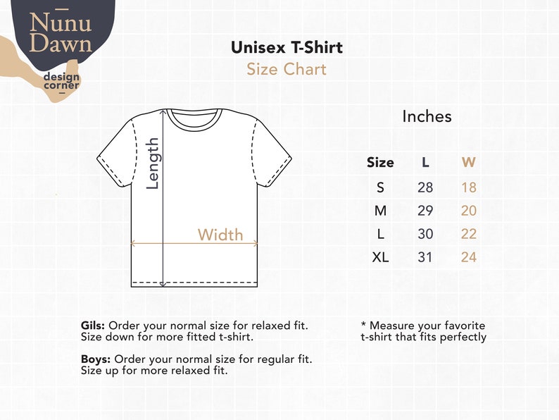 May include: Unisex T-shirt size chart with a diagram of a t-shirt showing length and width measurements. The chart shows sizes S, M, L, and XL with corresponding measurements in inches for length and width.