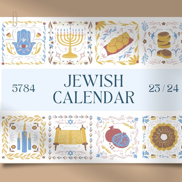 Calendario judío digital 2023 2024 Rosh Hashaná Año Nuevo 5784 Regalo judío Calendario de pared de 16 meses Vacaciones hebreas Planificador mensual Bíblico
