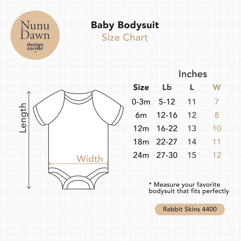 May include: A size chart for baby bodysuits with measurements in inches. The chart shows the size, weight range, length, and width of the bodysuits. The chart is labeled "Baby Bodysuit Size Chart".