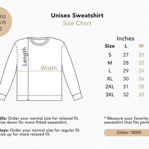 May include: A size chart for a unisex sweatshirt, with measurements in inches. The chart includes sizes S to 3XL, with corresponding length and width measurements. The text includes instructions for ordering the correct size.