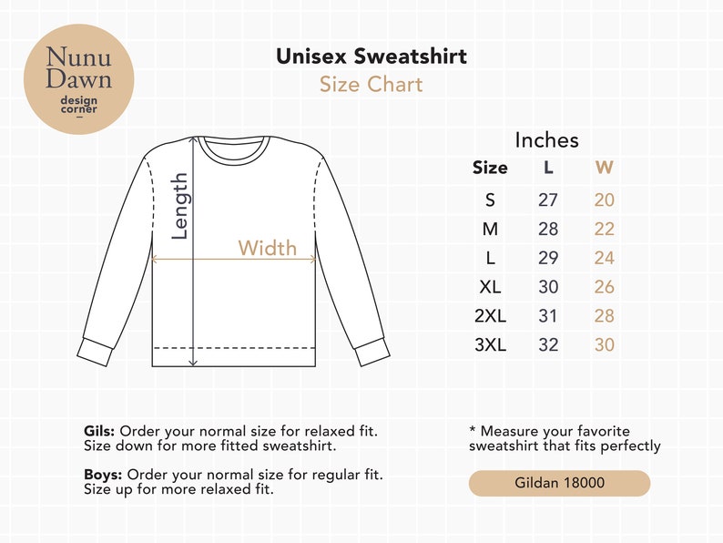 May include: A size chart for a unisex sweatshirt, with measurements in inches. The chart includes sizes S to 3XL, with corresponding length and width measurements. The text includes instructions for ordering the correct size.