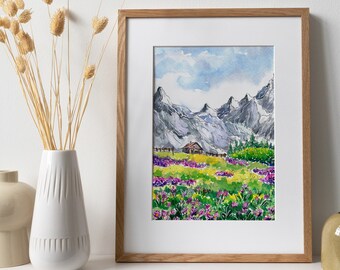Mountain wall art printable Alps wall art Mountain Drawing Mountain watercolor download Italian dolomites wall art horizontal mountain