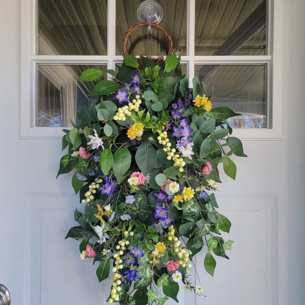 Spring Meadow Year Round Summer Easter Farmhouse Eucalyptus Floral Front Door Indoor Outdoor Teardrop Swag Wreath