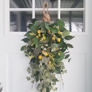 Country Meadows Yellow Flowers Year Round Spring Summer Fall Autumn Farmhouse Eucalyptus Floral Front Door Teardrop Swag Wreath