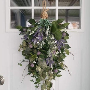 Country Meadows Lavender Year Round Spring Summer Fall Autumn Farmhouse Eucalyptus Floral Front Door Indoor Outdoor Teardrop Swag Wreath