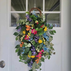 Summer Garden Year Round Summer Spring Easter Farmhouse Eucalyptus Bright Floral Front Door Indoor Outdoor Teardrop Swag Wreath Accent