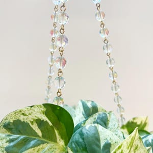May include: A hanging plant with variegated green and white leaves. The plant is suspended by a chain of iridescent, clear beads. The beads are connected by small gold-colored metal links. The background is a soft, neutral color.