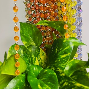 Op de afbeelding: Een levendige groene pothosplant met gevlekte bladeren wordt getoond, aangevuld met een decoratief kralengordijn in een kleurengradatie van oranje tot geel en blauw. Een streng oranje kralen hangt op de voorgrond.