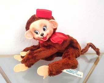 Chenille Rubber Face Monkey with Lenticular Blinking Eyes Japan Retro 50s Creepy Cute Sawdust Filled Plush Stuffed Animal Collectible