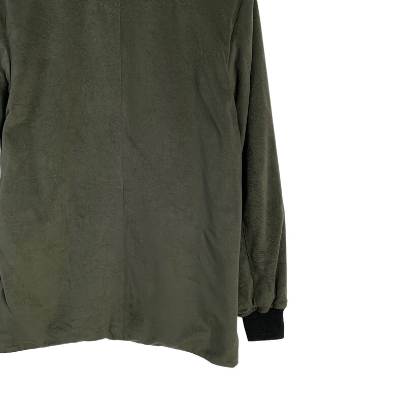 May include: A dark green long-sleeved jacket with a black ribbed cuff. The jacket is made of a soft, textured fabric.