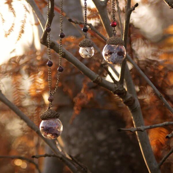 1 Collier gland - 3 choix fleurs séchées cristaux dents perles fantaisie bronze hypoallergénique fantaisie féérie forêt chêne cottagecore