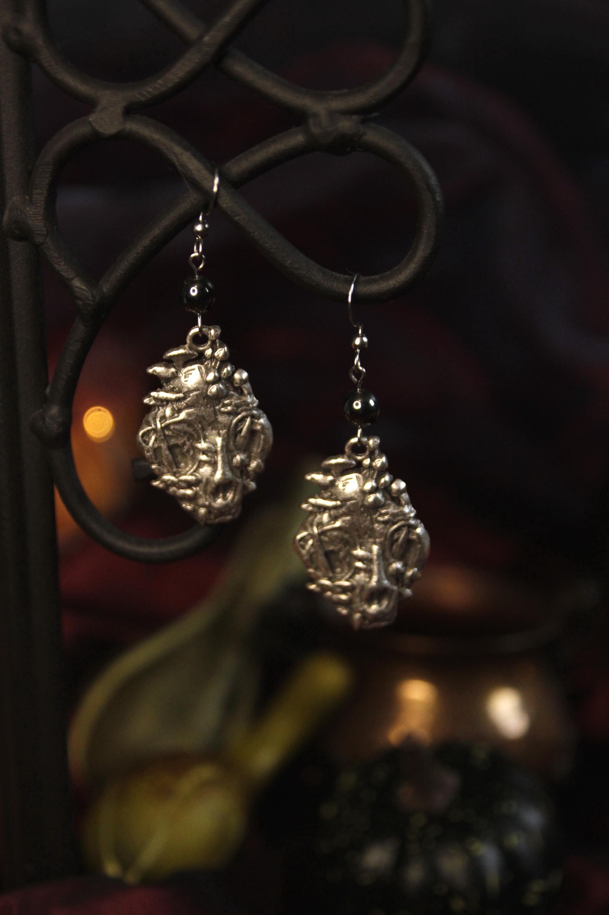 Boucles D'oreilles Argent 925 Avec Pierre Hématite - Cône Gris Métallique - Neuf Sans Emballage