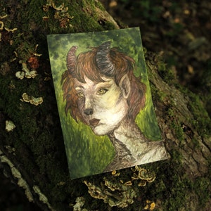 Daughter of Cernunnos - original watercolor decoration paienne fairy art small people fauna god horned wild forest witch gilding