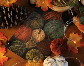 Herfstschilderij "Pompoenen" - originele illustratie voor gezellige interieurdecoratie, herfst Halloween Samhain, cottagecore mabon