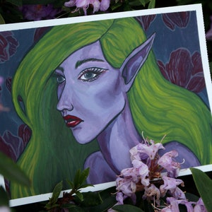 Night elf - original gouache painting - fairy tale little people enchanted creature magic forest elf flowers fairy tales fantasy