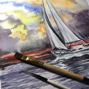 Оригинальная акварельная живопись 31x24 cm (12.2x9.4 дюйма) Bel парусник Misura totale con passe-partout A-3