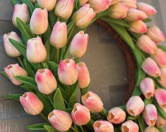 Pink Tulip Wreath, Spring Wreath, Easter Wreath, Spring Decorations, Garden outside, Faux Tulips