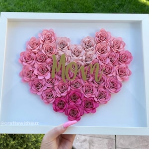 Mom Heart Shaped Flower Box | Paper Rose Shadow Box | Customized Gift for Mothers Day, Birthdays, Valentines Day, Christmas, First Time Mom